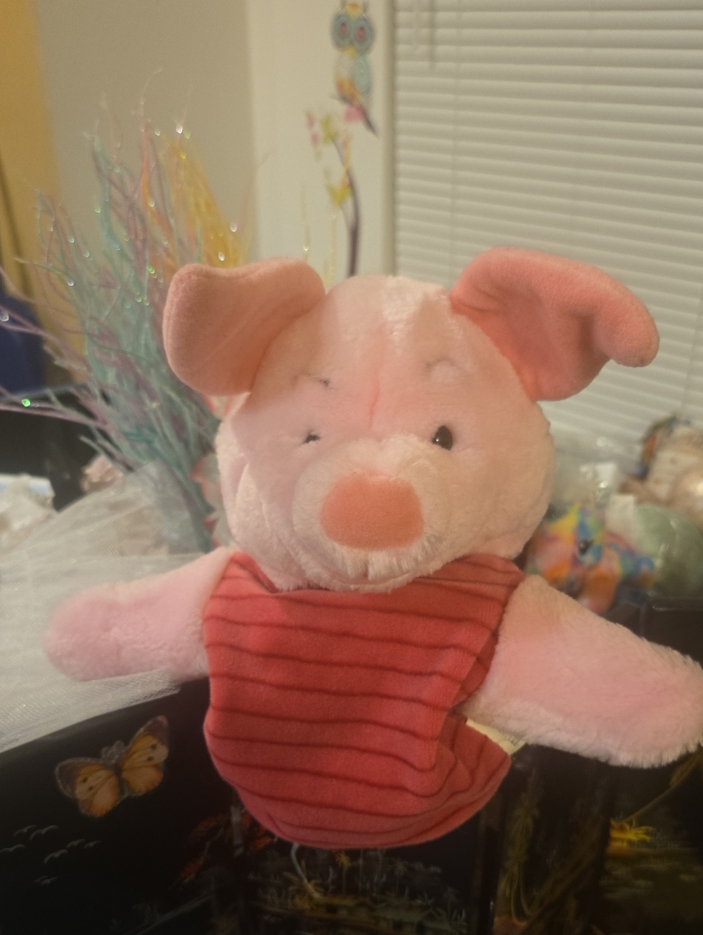 Plush Pink Piglet Soft Puppet Toy with Red Striped Shirt